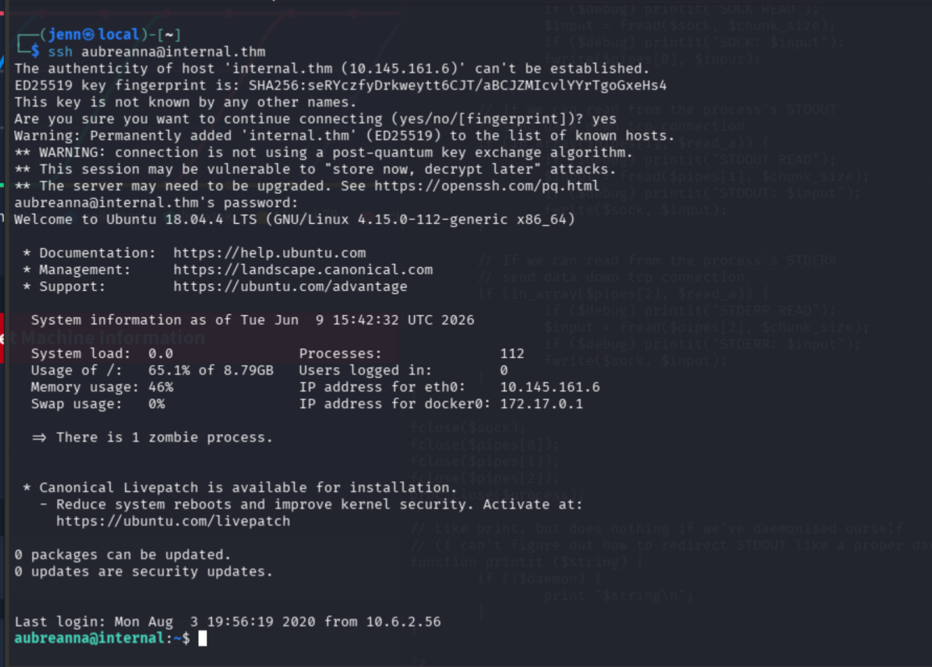 SSH login as aubreanna to internal.thm succeeding with recovered credentials